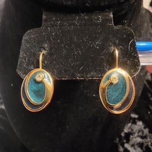 Kerissa Vintage Goldtone and Teal Enamel with Rhinestone Accent Pierced Earrings